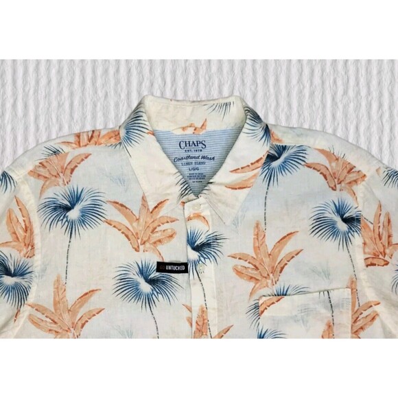 Chaps Mens LG Ivory Coastland Wash Linen Blend Button Front Hawaiian Shirt Beach - Picture 2 of 6